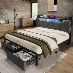 Lit avec rangement 140x200 - Lit double avec fonction USB Type C et tiroirs - Lin - Matelas Inclus - Gris