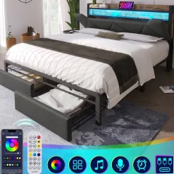 Lit avec rangement 140x200 - Lit double avec fonction USB Type C et tiroirs - Lin - Matelas Inclus - Gris