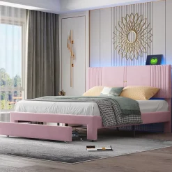 Lit avec Rangement 160x200 cm - Lit Capitonné Double Adulte avec Bande Lumineuse, Port USB et Tiroir - Rose