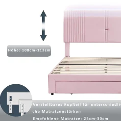 Lit avec Rangement 160x200 cm - Lit Capitonné Double Adulte avec Bande Lumineuse, Port USB et Tiroir - Rose