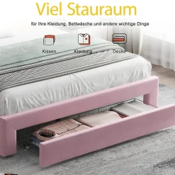 Lit avec Rangement 160x200 cm - Lit Capitonné Double Adulte avec Bande Lumineuse, Port USB et Tiroir - Rose