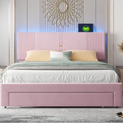 Lit avec Rangement 160x200 cm - Lit Capitonné Double Adulte avec Bande Lumineuse, Port USB et Tiroir - Rose
