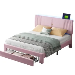 Lit avec Rangement 160x200 cm - Lit Capitonné Double Adulte avec Bande Lumineuse, Port USB et Tiroir - Rose
