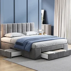Lit avec rangement 140x200 cm - Lit Double Capitonné avec 4 Tiroirs - Velours - Sans Matelas - Gris