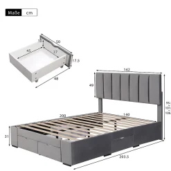 Lit avec rangement 140x200 cm - Lit Double Capitonné avec 4 Tiroirs - Velours - Sans Matelas - Gris
