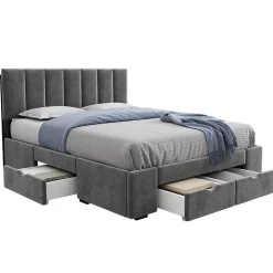 Lit avec rangement 140x200 cm - Lit Double Capitonné avec 4 Tiroirs - Velours - Sans Matelas - Gris