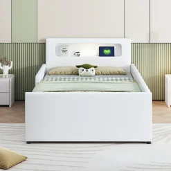 Lit avec rangement 90x200 cm - Lit enfant capitonné avec veilleuse et port USB - Similicuir - Sans matelas - Blanc
