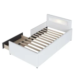 Lit avec rangement 90x200 cm - Lit enfant capitonné avec veilleuse et port USB - Similicuir - Sans matelas - Blanc