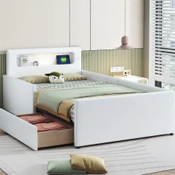 Lit avec rangement 90x200 cm - Lit enfant capitonné avec veilleuse et port USB - Similicuir - Sans matelas - Blanc