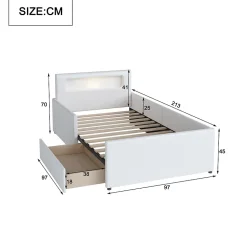 Lit avec rangement 90x200 cm - Lit enfant capitonné avec veilleuse et port USB - Similicuir - Sans matelas - Blanc