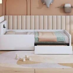 Lit avec rangement 90x200 cm - Lit enfant capitonné avec veilleuse et port USB - Similicuir - Sans matelas - Blanc