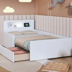 Lit avec rangement 90x200 cm - Lit enfant capitonné avec veilleuse et port USB - Similicuir - Sans matelas - Blanc