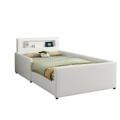 Lit avec rangement 90x200 cm - Lit enfant capitonné avec veilleuse et port USB - Similicuir - Sans matelas - Blanc