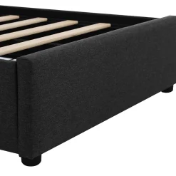 Lit avec rangement 90x200 cm - Lit simple capitonné avec LED et 2 tiroirs - Bois massif + Lin + Métal - Sans Matelas - Noir