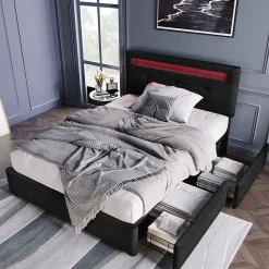 Lit avec rangement 90x200 cm - Lit simple capitonné avec LED et 2 tiroirs - Bois massif + Lin + Métal - Sans Matelas - Noir