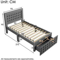 Lit avec rangement 90x200 cm - Lit simple avec tiroirs intégrés et design créatif - en MDF et bois massif - Gris - Sans matelas