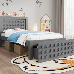 Lit avec rangement 90x200 cm - Lit simple avec tiroirs intégrés et design créatif - en MDF et bois massif - Gris - Sans matelas