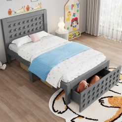 Lit avec rangement 90x200 cm - Lit simple avec tiroirs intégrés et design créatif - en MDF et bois massif - Gris - Sans matelas