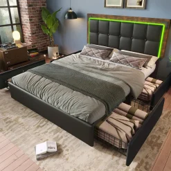 Lit avec Rangement 160x200 cm - Lit Double Capitonné avec 4 Tiroirs, Bandeau LED et Tête Réglable, Sans Matelas, PU, Noir