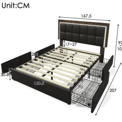 Lit avec Rangement 160x200 cm - Lit Double Capitonné avec 4 Tiroirs, Bandeau LED et Tête Réglable, Sans Matelas, PU, Noir