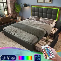 Lit avec Rangement 160x200 cm - Lit Double Capitonné avec 4 Tiroirs, Bandeau LED et Tête Réglable, Sans Matelas, PU, Noir