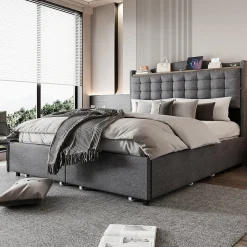 Lit avec Rangement 140x200 cm - Lit Double avec 4 Tiroirs, Port USB et Table de Chevet, Lin, Sans Matelas, Gris