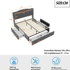 Lit avec Rangement 140x200 cm - Lit Double avec 4 Tiroirs, Port USB et Table de Chevet, Lin, Sans Matelas, Gris