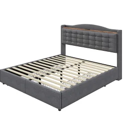 Lit avec Rangement 140x200 cm - Lit Double avec 4 Tiroirs, Port USB et Table de Chevet, Lin, Sans Matelas, Gris