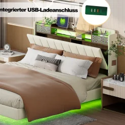 Lit avec rangement 140x200 cm - Lit double capitonné avec éclairage LED - lin + Métal - Sans matelas - Beige