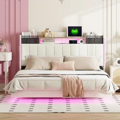 Lit avec rangement 140x200 cm - Lit double capitonné avec éclairage LED - lin + Métal - Sans matelas - Beige