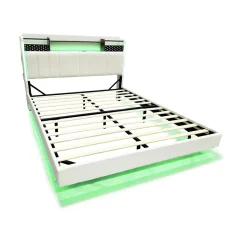 Lit avec rangement 140x200 cm - Lit double capitonné avec éclairage LED - lin + Métal - Sans matelas - Beige