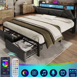 Lit avec rangement 140x200 cm - Lit double rembourré avec tiroirs et fonction de chargement USB - Lin - Sans Matelas - Gris