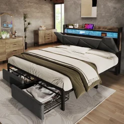 Lit avec rangement 140x200 cm - Lit double rembourré avec tiroirs et fonction de chargement USB - Lin - Sans Matelas - Gris