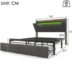Lit avec rangement 140x200 cm - Lit double rembourré avec tiroirs et fonction de chargement USB - Lin - Sans Matelas - Gris