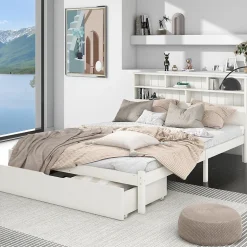 Lit avec rangement 140x200 cm - Lit double avec tiroirs et tête de lit - Pin massif + MDF - Sans Matelas - Blanc
