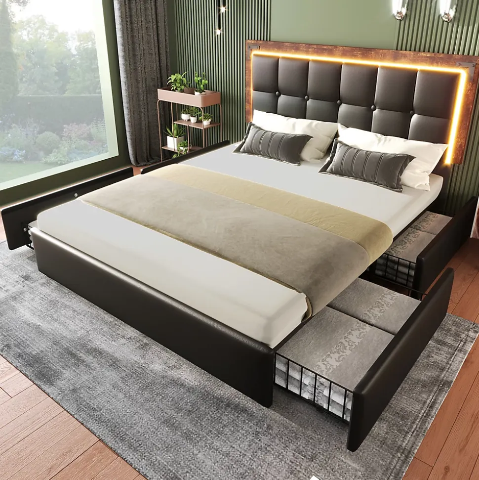 Lit avec Rangement 140x200 cm - Lit Double Capitonné avec 4 Tiroirs, Bandeau LED et Tête Réglable, Matelas Inclus, PU, Noir
