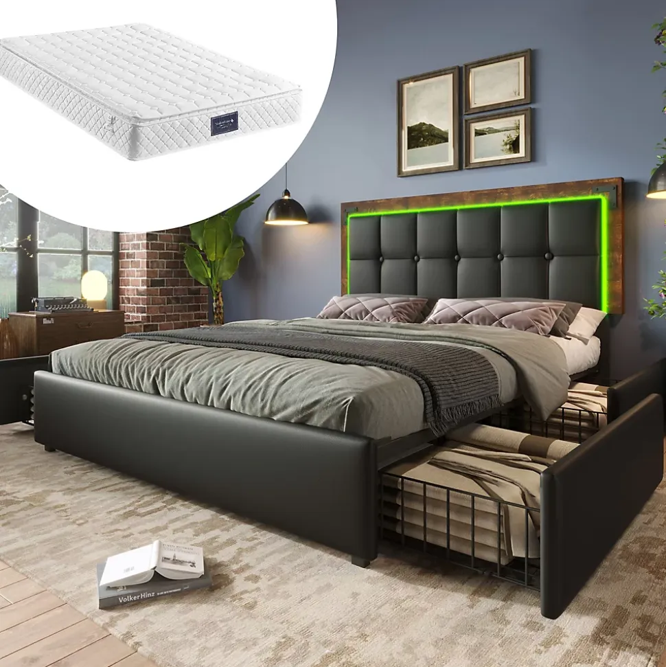 Lit avec Rangement 140x200 cm - Lit Double Capitonné avec 4 Tiroirs, Bandeau LED et Tête Réglable, Matelas Inclus, PU, Noir