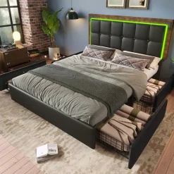 Lit avec Rangement 140x200 cm - Lit Double Capitonné avec 4 Tiroirs, Bandeau LED et Tête Réglable, Matelas Inclus, PU, Noir