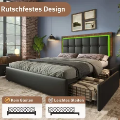 Lit avec Rangement 140x200 cm - Lit Double Capitonné avec 4 Tiroirs, Bandeau LED et Tête Réglable, Matelas Inclus, PU, Noir