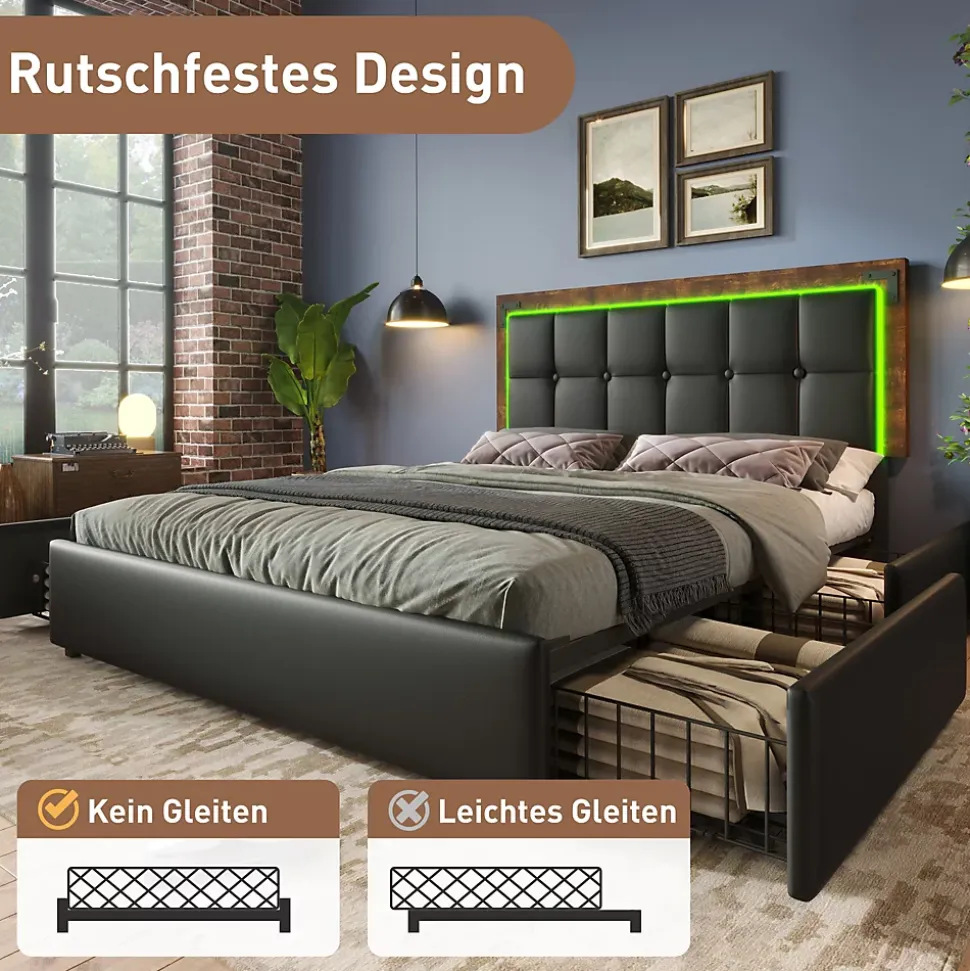 Lit avec Rangement 140x200 cm - Lit Double Capitonné avec 4 Tiroirs, Bandeau LED et Tête Réglable, Matelas Inclus, PU, Noir