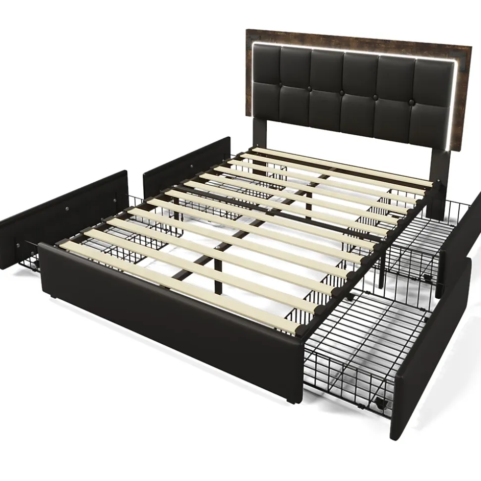 Lit avec Rangement 140x200 cm - Lit Double Capitonné avec 4 Tiroirs, Bandeau LED et Tête Réglable, Matelas Inclus, PU, Noir