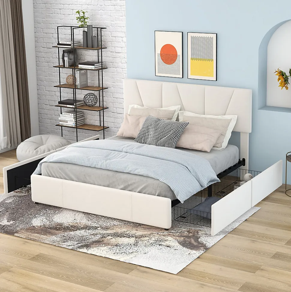 Lit avec rangement 140x200 cm - Lit rembourré avec tête de lit réglable et 4 tiroirs - Velours - Sans matelas - Beige