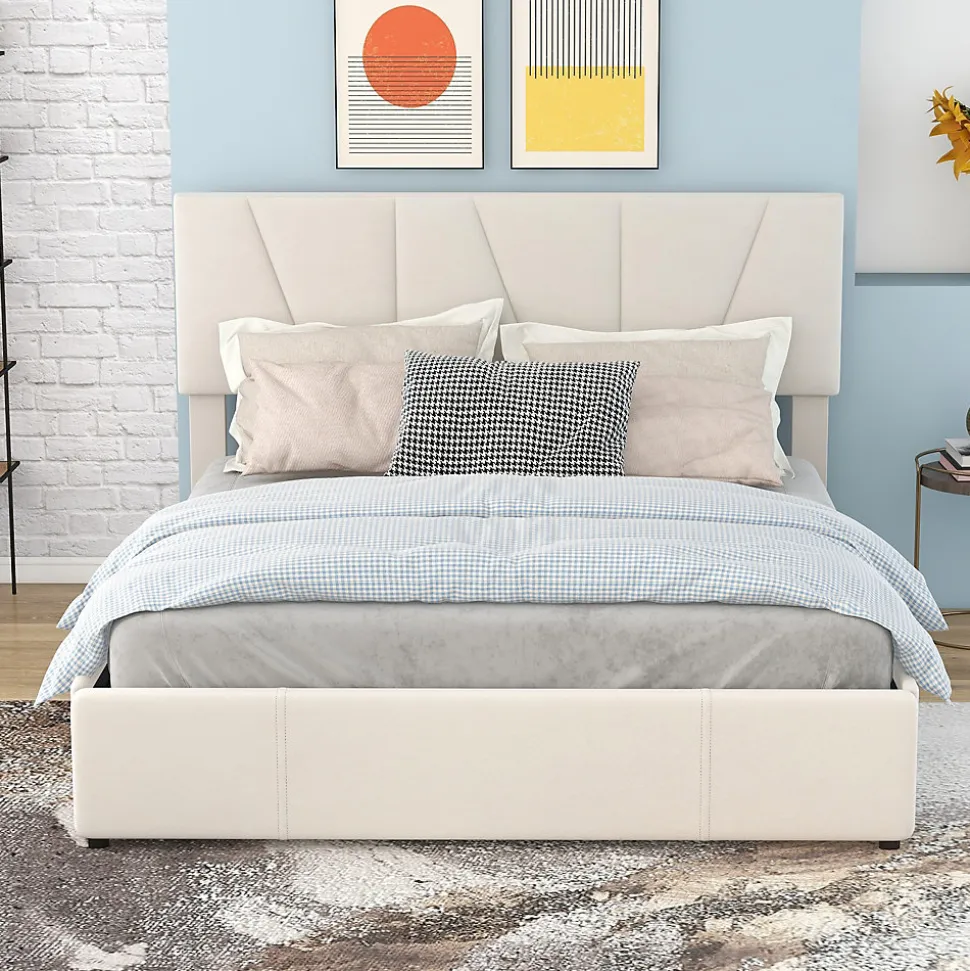 Lit avec rangement 140x200 cm - Lit rembourré avec tête de lit réglable et 4 tiroirs - Velours - Sans matelas - Beige
