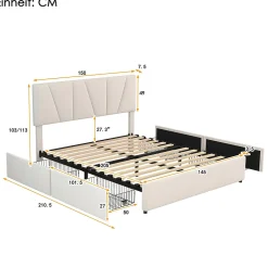 Lit avec rangement 140x200 cm - Lit rembourré avec tête de lit réglable et 4 tiroirs - Velours - Sans matelas - Beige