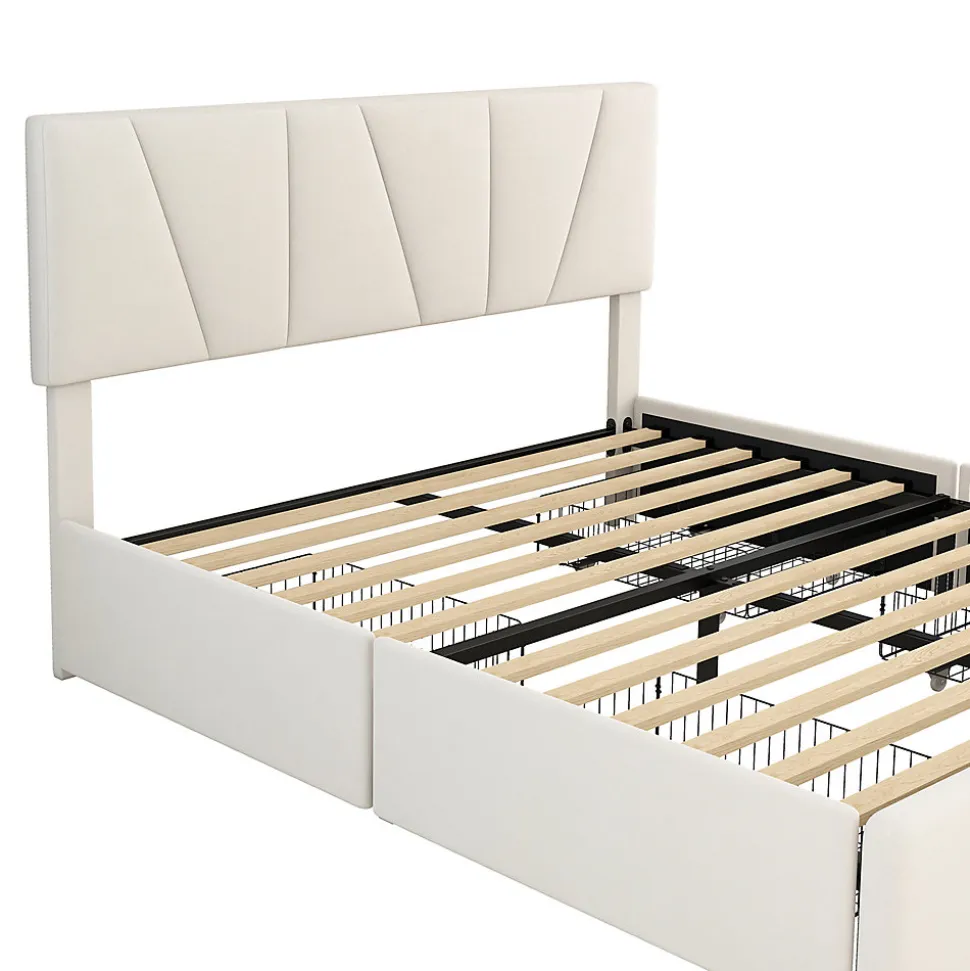 Lit avec rangement 140x200 cm - Lit rembourré avec tête de lit réglable et 4 tiroirs - Velours - Sans matelas - Beige