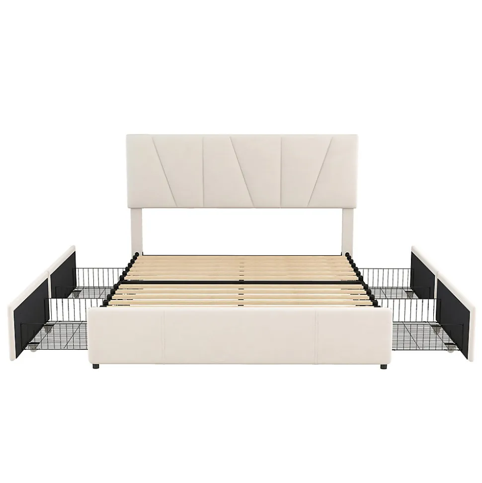 Lit avec rangement 140x200 cm - Lit rembourré avec tête de lit réglable et 4 tiroirs - Velours - Sans matelas - Beige