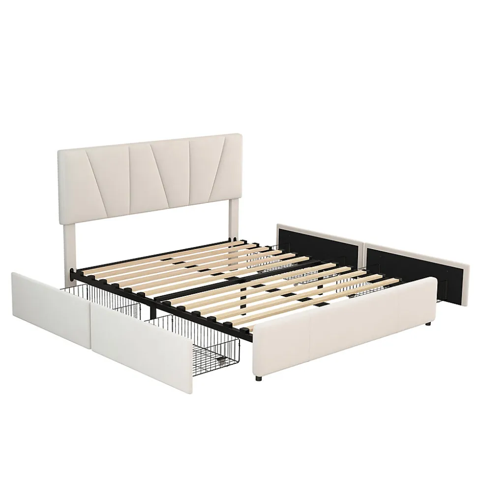 Lit avec rangement 140x200 cm - Lit rembourré avec tête de lit réglable et 4 tiroirs - Velours - Sans matelas - Beige