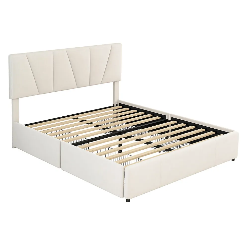 Lit avec rangement 140x200 cm - Lit rembourré avec tête de lit réglable et 4 tiroirs - Velours - Sans matelas - Beige