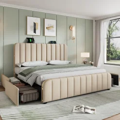 Lit avec rangement 180x200 cm - Lit double rembourré avec fonction USB Type-C et 4 tiroirs - Lin - Sans Matelas - Beige