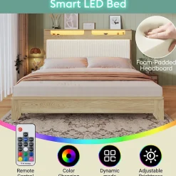 Lit avec Rangement 160x200 cm - Lit Double en Bois avec Velours Côtelé et LED - Sans Matelas - Chêne Clair et Beige